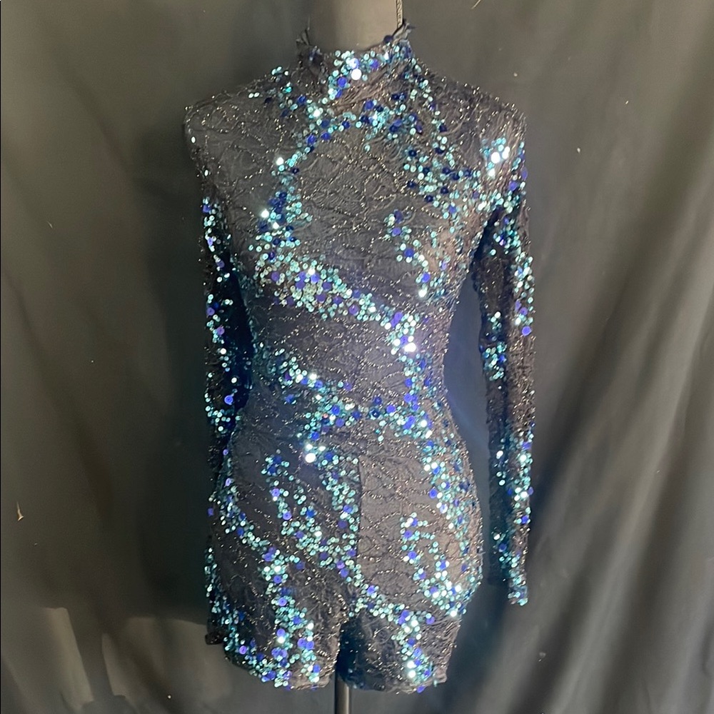 Sparkling Blue and Silver Dance Costume with Metallic Finish